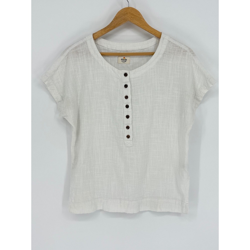Marine Layer Henley Top Womens XS White Textured Cotton Gauze Short Sleeve Boho - Picture 2 of 8